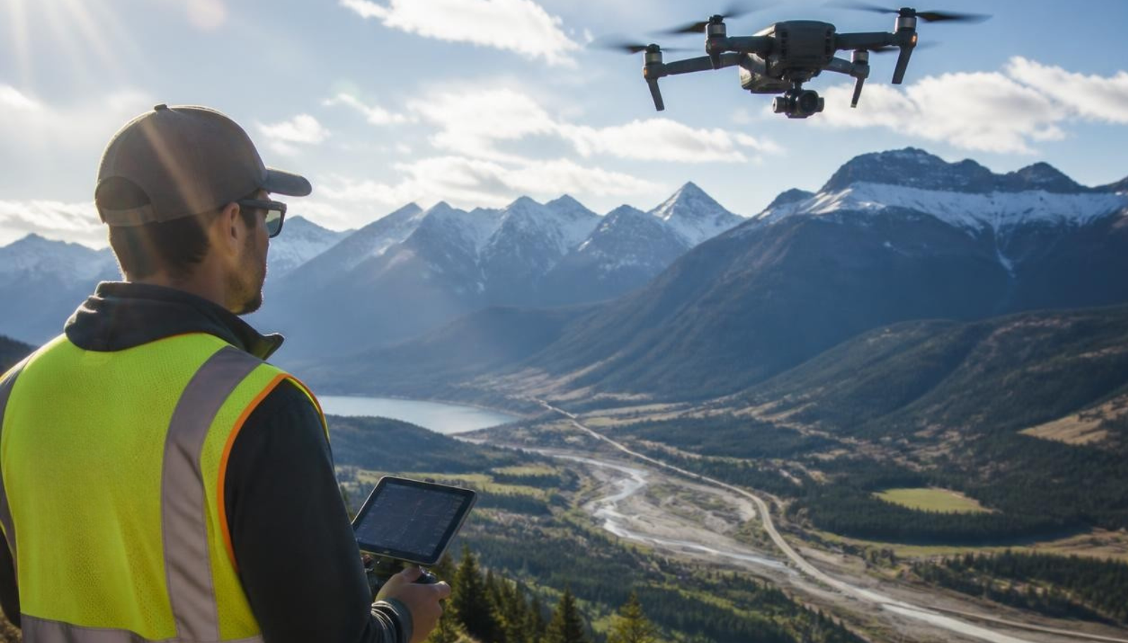  Surveyor using drone mapping software to process aerial data into survey-grade mapping deliverables.