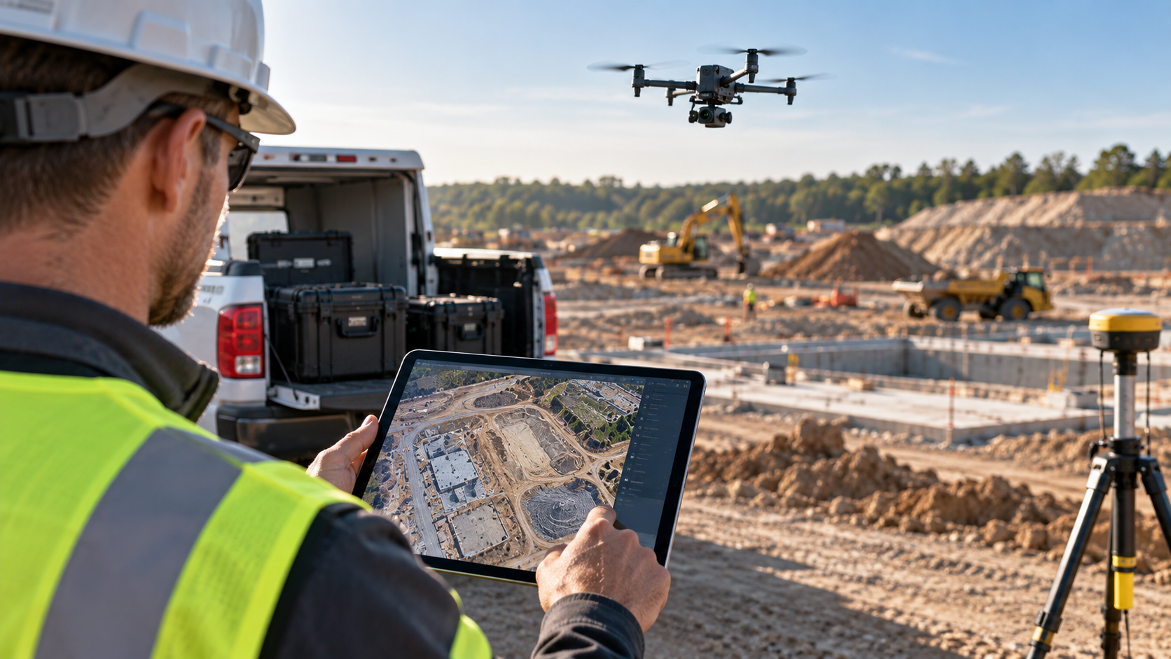 Survey team reviewing drone mapping for construction data while evaluating outsourcing, Membership, and ownership options.