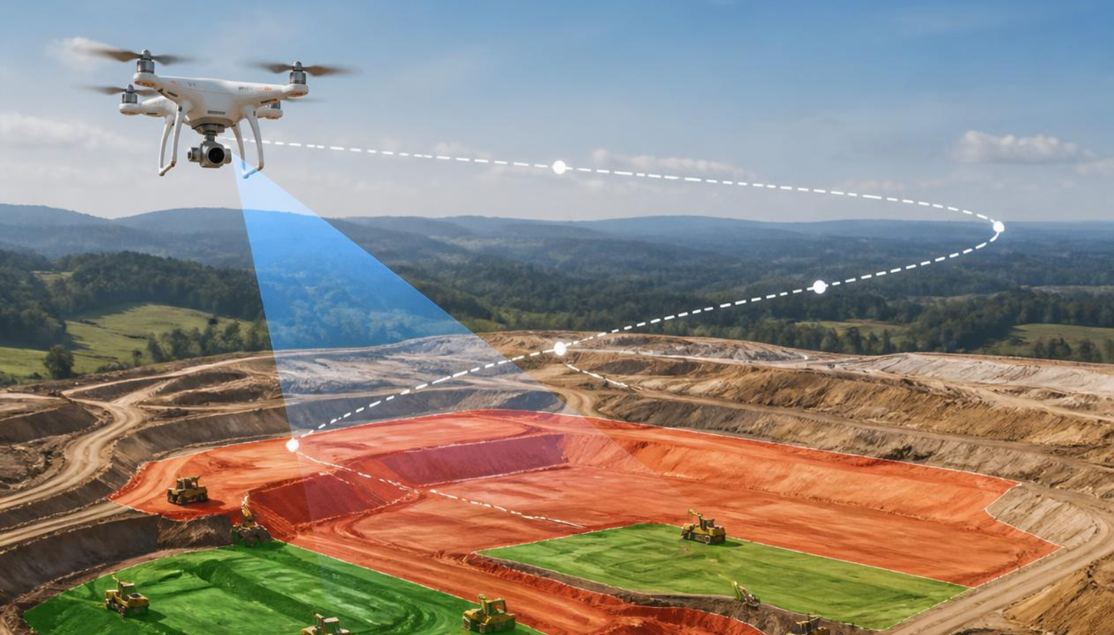 Survey crew using drone mapping to create a cut and fill map for earthwork verification on an active construction site.