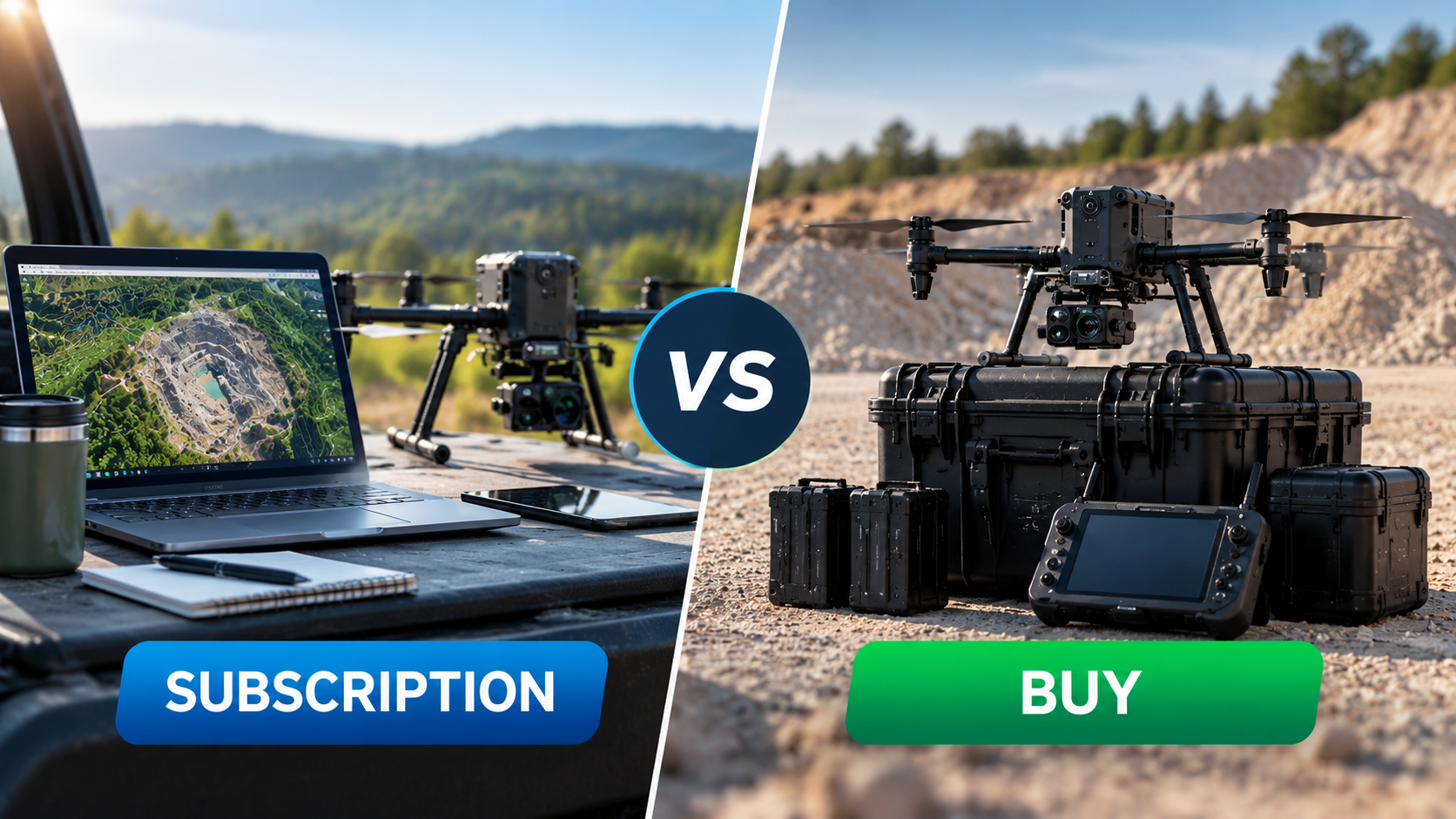  Survey firm owner comparing drone subscription vs buy options based on cash flow, workflow support, utilization, and ROI.