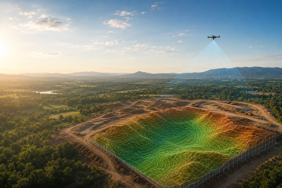 a lidar surveying drone flying over and scanning a quarry for 3D topographic map generation